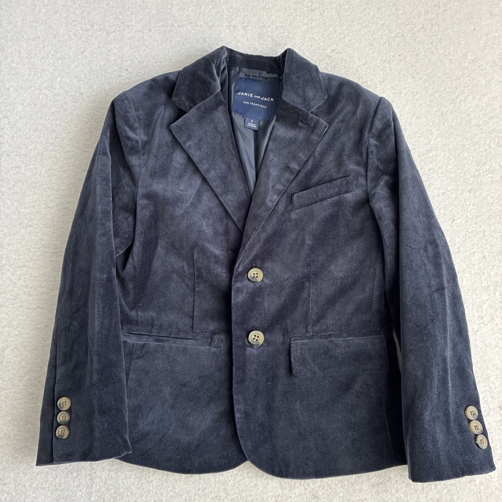 Janie and Jack Boy's Long Sleeve 2 Button Front Velvet Cotton Blazer Navy Size 6